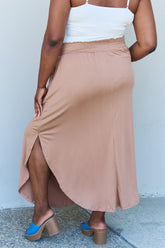 Doublju Tan High Waist Maxi Skirt with Scoop Hem - Elegant Comfort for Every Occasion